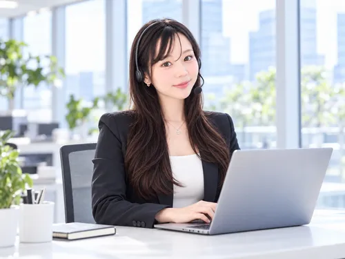 ヘッドセットを使い、PCでオンライン相談に対応する女性のイメージ